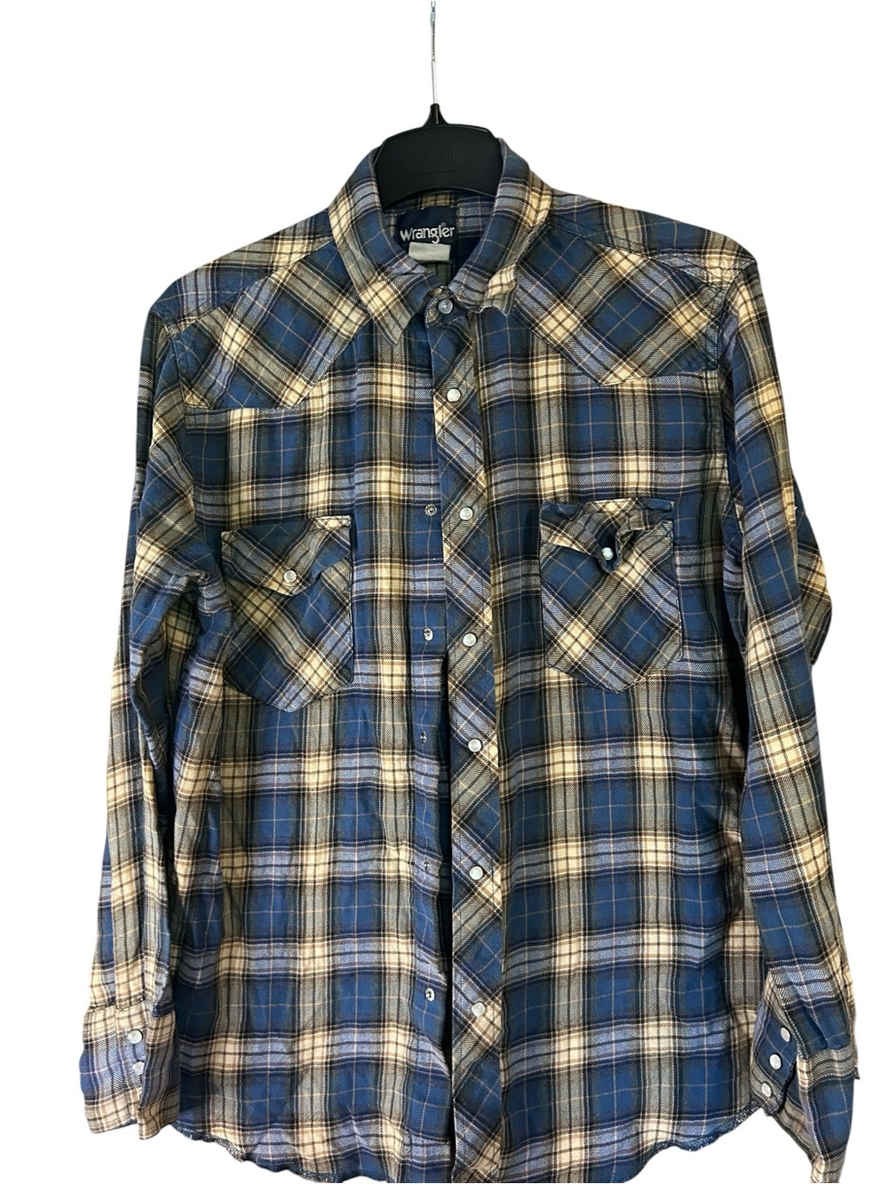 Wrangler Western Pearl Snap Plaid Shirt Men’s Large Blue Cream Flannel